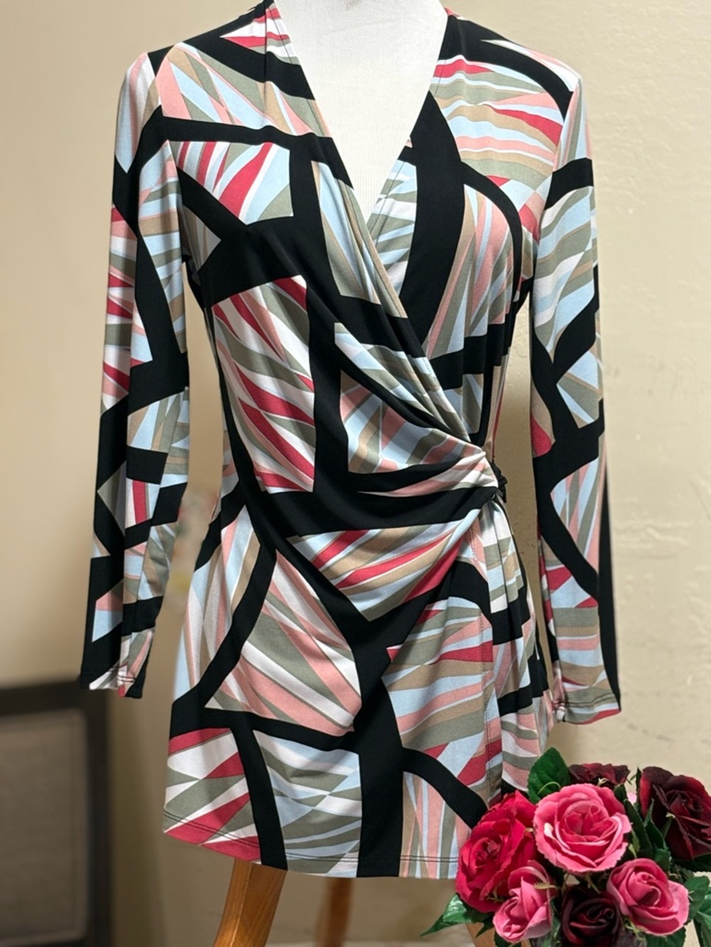 Anne Klein Black Multicolor Geometric Wrap-Style Long Sleeve Dress